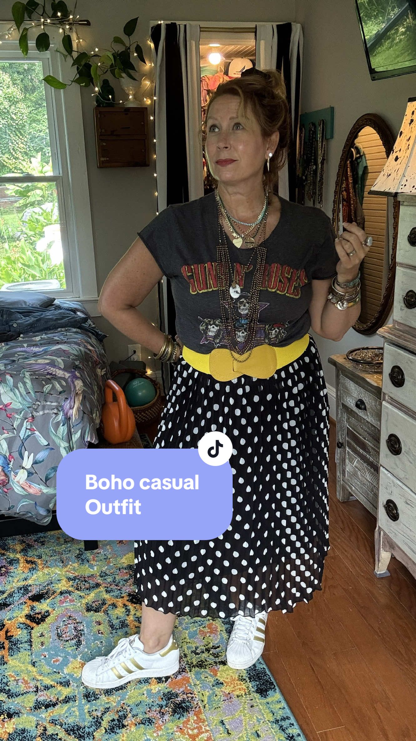 let’s style a mostly thrifted/second hand casual summer outfit. Boho fashion, of course! I usually am drawn to a certain piece when I look in the closet and then start building from there. Mixing patterns and vibes is so fun. It really gives you the oops to show your style. A colorful belt if such a good way to give a look more pop and the clothes more shape. Like always, top it off with lovely jewelry and I adore mixing metals and new with my vintage too!  But the main thing is that your clothes make you feel like the bada*s human you are! And when you look in the mirror, you smile and think “You are such a bad b*tch and you can achieve anything “!  #creatorsearchinsights #bethsboholife #boholifestyle #bohofashion #genx #SouthernStyleQueen #DopamineDressing #ThriftedAndThrivin #WearYourJoy #ConfidentStyle #EmpoweredWomenStyle #BoldOutfitsOnly 