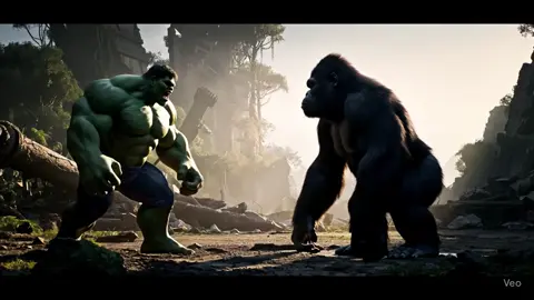Hulk gives 5 punches to King Kong): In a destroyed jungle arena at dawn, Hulk roars and charges at King Kong. The camera zooms in as Hulk delivers five massive, slow-motion punches—each punch stronger than the last. The first punch shakes the ground. The second cracks a giant boulder. The third lifts Kong off his feet. The fourth sends shockwaves through the trees. The final punch launches King Kong through a mountain cliff. Dust, slow-mo debris, camera shake, and cinematic lighting. Intense action, ultra-realistic 4K, dramatic sound effects. #hulk  #marvelstudios 