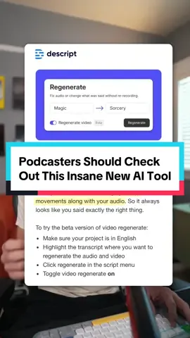 Exciting new feature from Descript that’s now in beta: video regenerate You can use AI to change your lip movements along with your audio. So it always looks like you said exactly the right thing. This will be particularly useful for podcasters who mess up names or stats. #podcasting #descript #creatortools #contentcreators 