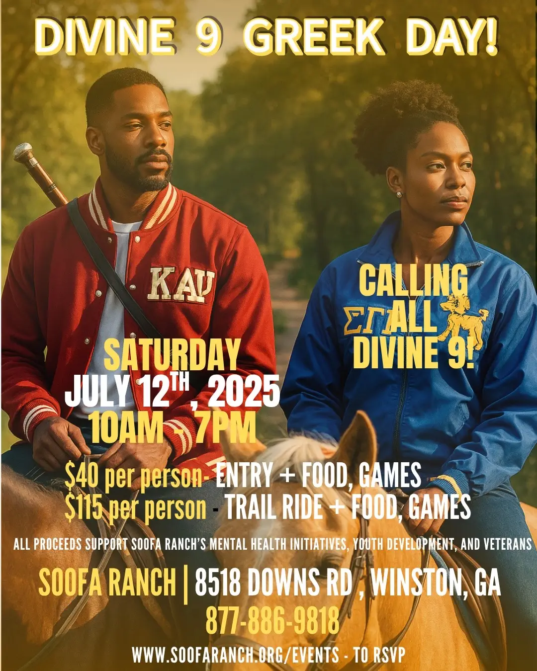 The Divine 9 Trail Ride is pullin’ up Saturday , July 12th, and if your org ain’t reppin’, you’re sleepin’! 💤 💃🏾 Music. 🐴 Trail rides. 🍽️ Good food. 🎯 Big fun. 🎟️ $40 – Food + Fun 🐎 $115 – Ride + Food + Fun All proceeds support SOOFA Ranch’s mental health, youth, and veteran programs—so every step, ride, and vibe has purpose. 🔥 Tag your LS, line, and chapter fam—then hit the link in bio and tap “I’m Pulling Up!” #Divine9 #GreekLifeStrong #RideWithPurpose #D9Outside #HBCUCulture #SOOFARanchVibes #BlackGreekExcellence