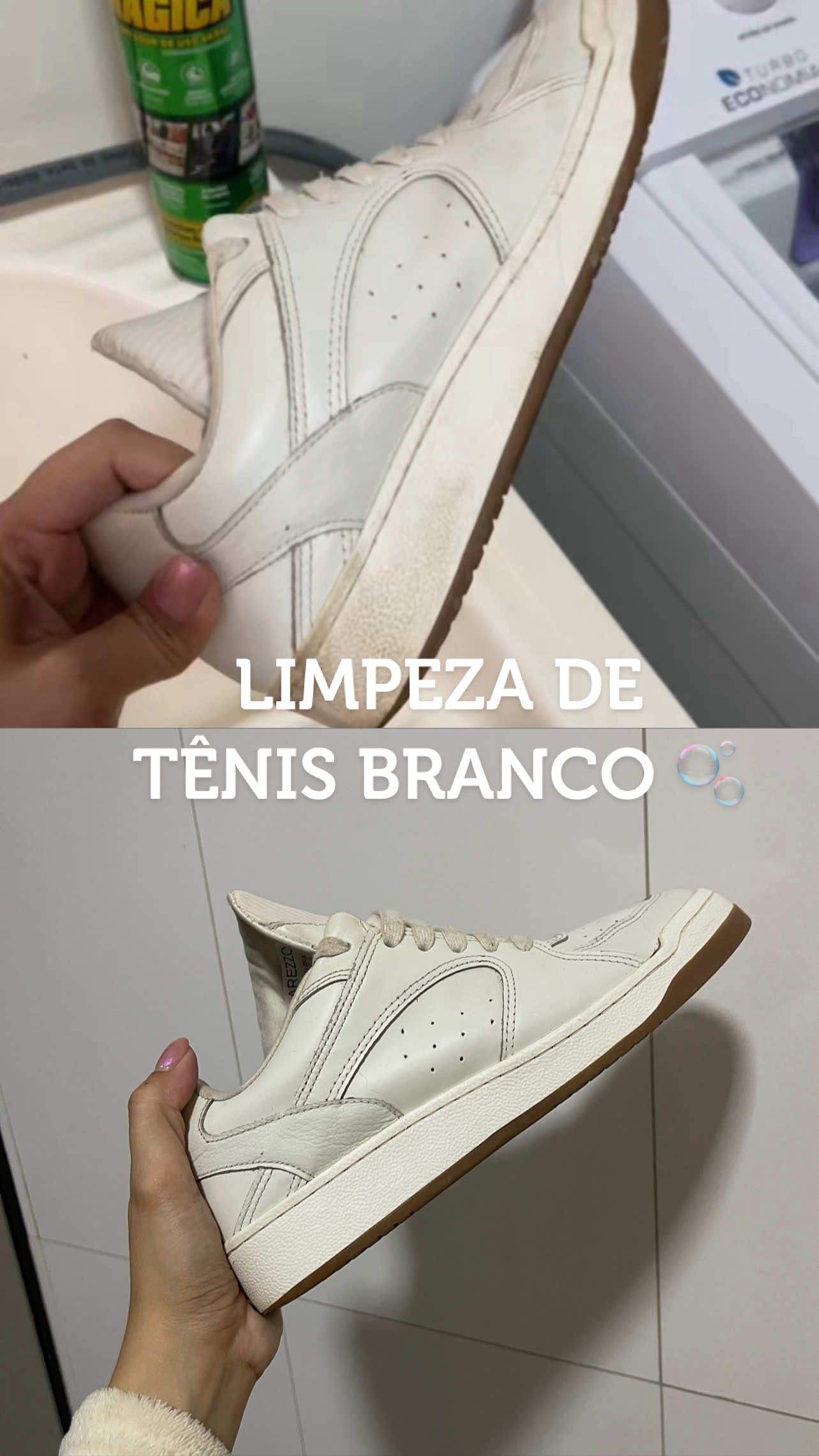 Limpeza de tênis branco, ideal para uma limpeza rápida. 🧼🤌🏼 #tenis #limpeza #donadecasa #dicadelimpeza #tenisbranco #espumamagica #espuma 