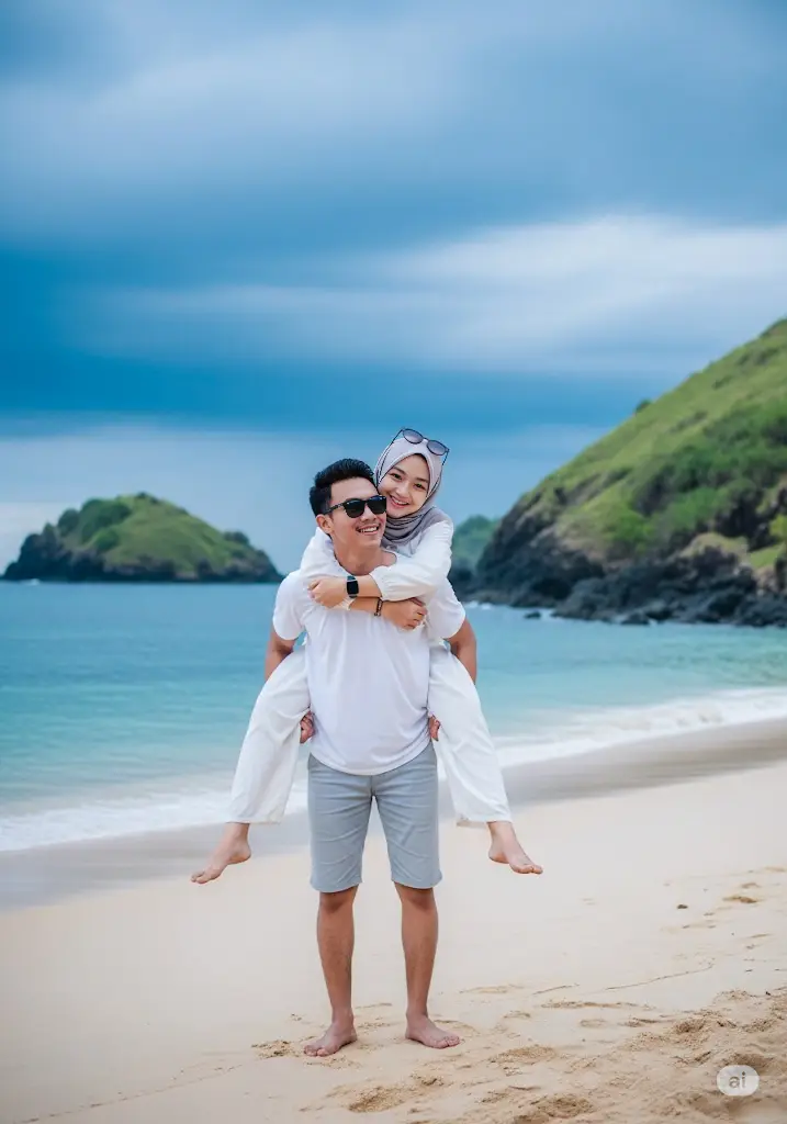 PROMT: Buatkan Foto romantis pasangan muda di tepi pantai yang eksotis dan tenang. Seorang pria muda mengenakan kaos putih polos, celana pendek hitam, serta berkacamata hitam dan berambut dengan gaya potongan (Pompadour haircut), berdiri tanpa alas kaki di pasir pantai. Ia tersenyum lebar sambil menggendong seorang wanita muda di punggungnya. Wanita tersebut mengenakan pakaian putih longgar, berhijab abu-abu muda, serta memakai kacamata hitam yang diletakkan di atas hijabnya. Mereka berdua tampak bahagia, saling tersenyum hangat, menunjukkan suasana cinta dan kebersamaan. Latar belakang menunjukkan laut biru yang tenang, langit mendung yang dramatis, serta bukit hijau dengan batuan hitam di sisi pantai, menciptakan suasana alami yang romantis dan damai.  #aiimages #promtchatgpt #geminipro #pantai #fypp 