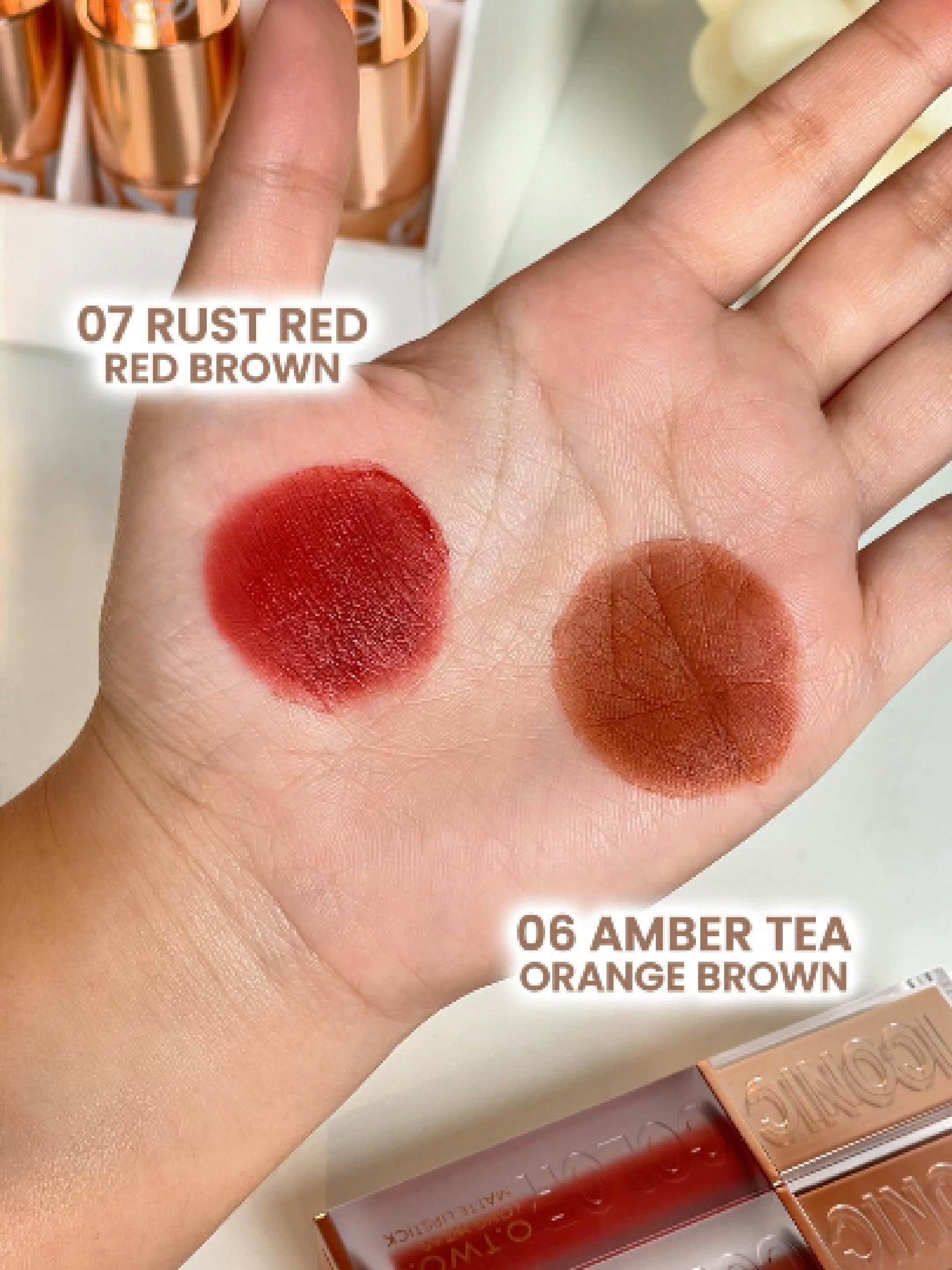 Warm-toned besties, this one’s for you 🍂 Which one’s going straight to your cart — Amber Tea (06) or Rust Red (07)? Both give that smooth velvet matte finish and are perfect for everyday glam 💋 #otwoo #otwoophbeauty #makeup #lippies #velvetmatte