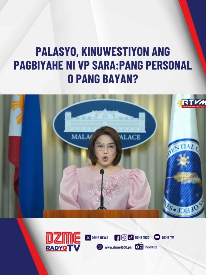 PANG PERSONAL O PANG BAYAN? Kinuwestiyon ni Palace Press Officer Usec. Atty. Claire Castro ang mga 'personal trips' ni Vice President Sara Duterte. | via DZME News para sa iba pang detalye➡️www.dzme1530.ph #DZMERadyoTV #NewsUpdate #RadyoUno #PBBM #VPSara