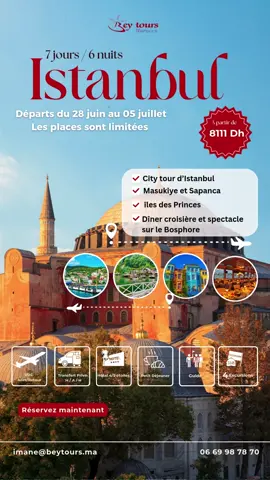 Voyage Organisé à Istanbul ✨ 7 jours / 6 nuits – Du 28 juin au 05 juillet 2025 ✈️ Vol A/R avec Air Arabia ✔️ 10 kg cabine + 20 kg soute à l’aller ✔️ 10 kg cabine + 40 kg soute au retour 📍 Départ de l’aéroport Casablanca 🏨 Séjour confortable dans un hôtel 4★ avec petit-déjeuner 🚐 Transferts privés aéroport – hôtel – aéroport 🎁 4 excursions offertes : ✅ City Tour (côté européen & asiatique) ✅ Excursion à Sapanca & Maachoukia ✅ Croisière sur le Bosphore avec dîner ✅ Découverte des îles des Princes 💰 Prix exceptionnel : 8111 DH / personne 📅 Places limitées – Réservez dès maintenant ! 📲 Contactez-nous en DM ou par WhatsApp pour plus d'infos ! #Istanbul #VoyageOrganisé #VacancesMaroc #Turquie2025 #DépartMaroc #VoyageEnGroupe
