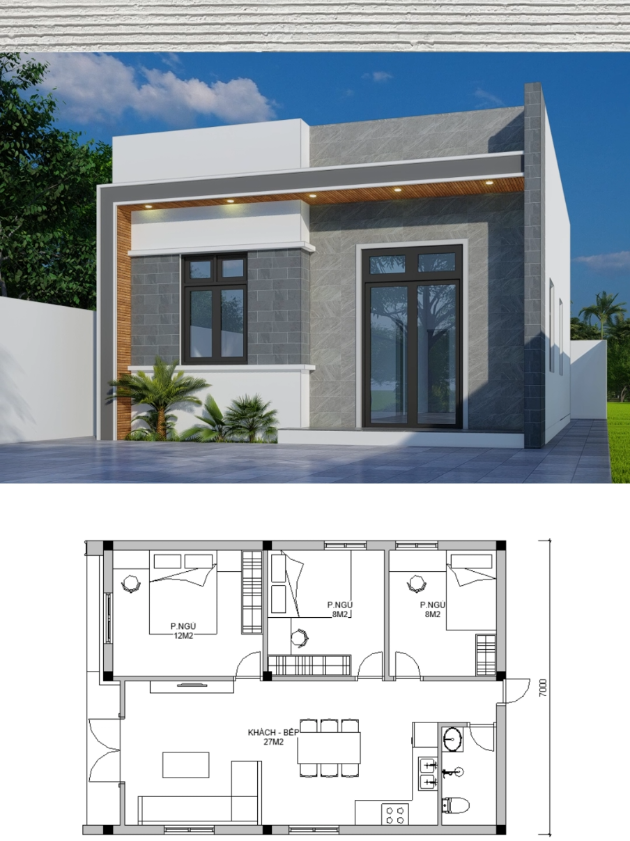 Nhà cấp 4 hiện đại, 3 phòng ngủ kích thước 7x10 cho các bạn chuẩn bị làm nhà tham khảo. #xaynhatrongoi #xaydung #nhacap4hiendai #nhacap4 #banvenhadep #thietkenhadep #xuhuongtiktok 