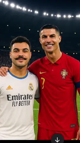 O prompt mais isano para preservar as características do CR7  Prompt CR7 A young man confidently stands on a football stadium field at night, wearing a white Real Madrid jersey with the “Emirates Fly Better” logo. He is joined by a smiling professional football player in a red Portugal national team kit with the number 7. The footballer has his arm around the young man’s shoulder in a friendly gesture. The brightly lit stadium is packed with cheering fans, creating an electric and celebratory atmosphere under the glowing floodlights. Both individuals are the same height and face the camera with relaxed and cheerful expressions, capturing a memorable moment on the pitch. #chatgpt #inteligenciaartificial #promptschatgpt #jonatandrumond