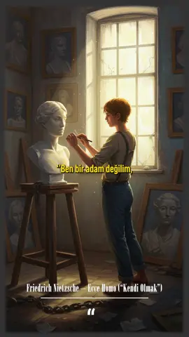 📖 Friedrich Nietzsche – Ecce Homo (“Kendi Olmak”) Nietzsche’nin bu güçlü alıntısı, birey olmanın sancılı yolculuğunu gözler önüne serer. “Kendin ol” çağrısı kulağa basit gelir ama aslında toplumun dayattığı tüm maskeleri çıkarmayı, kalıpları parçalamayı gerektirir. Çünkü özgün olmak; dışlanmayı, yanlış anlaşılmayı, hatta yalnız kalmayı göze almak demektir. İçindeki o 