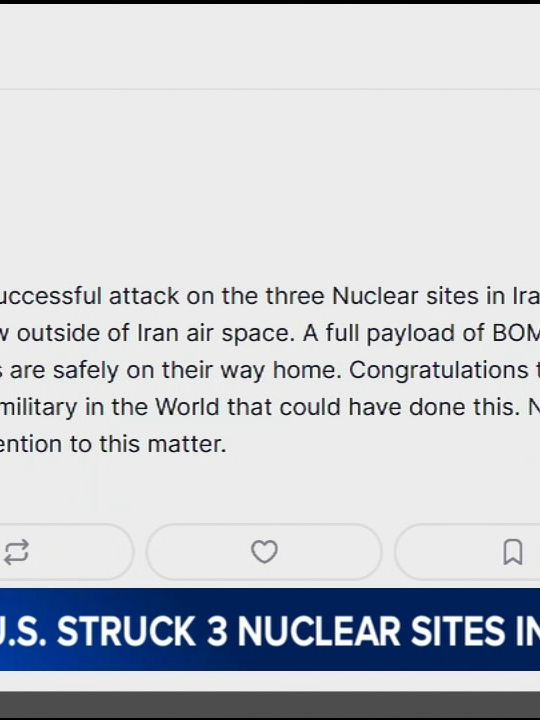 President Donald Trump said Saturday that the U.S. military struck three sites in Iran, directly joining Israel's effort to decapitate the country's nuclear program in a risky gambit to weaken a longtime foe amid Tehran's threat of reprisals that could spark a wider regional conflict. #news #israel #iran #donaldtrump