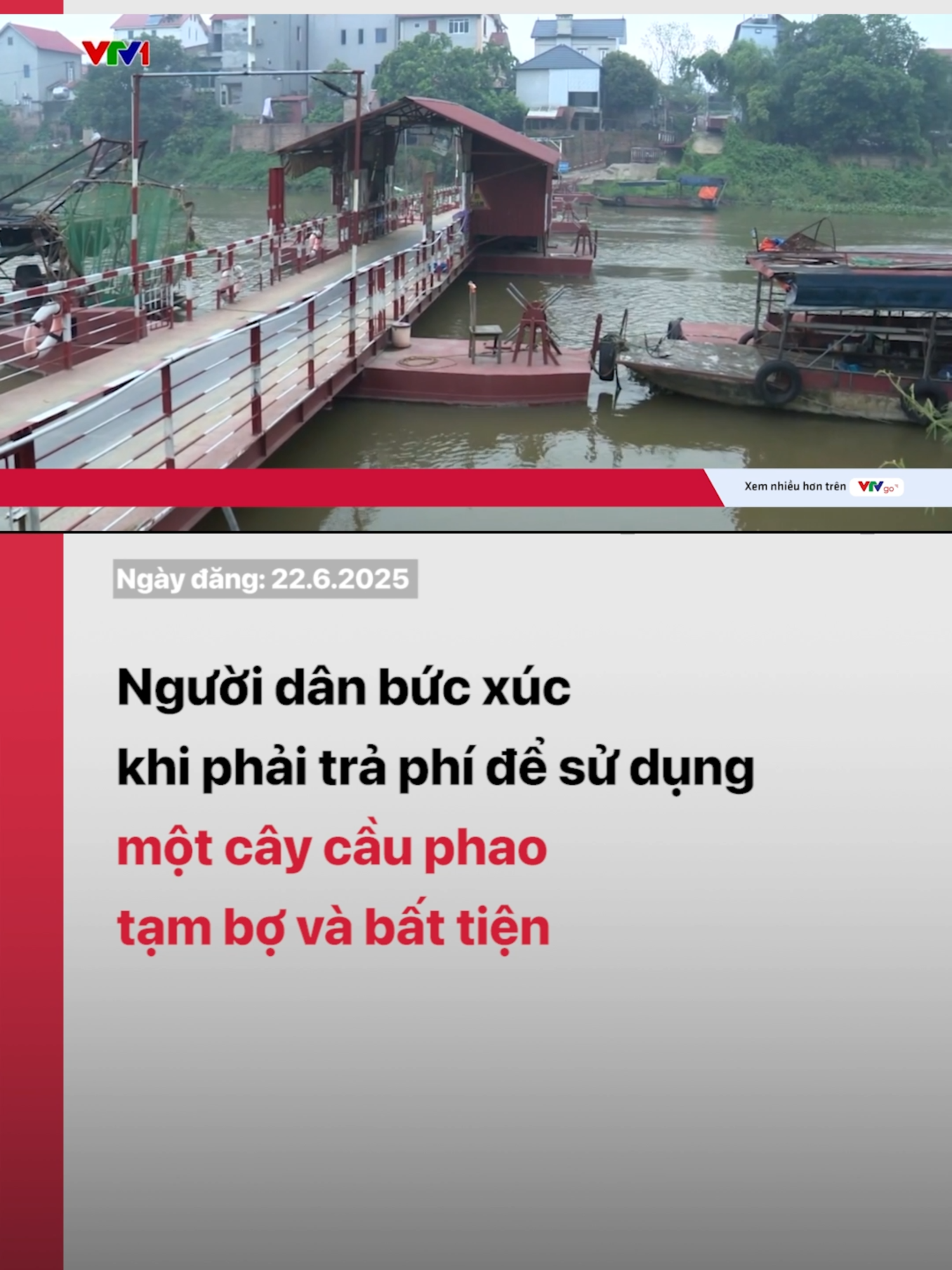 VTV đã nhận được những phản ánh của người dân sinh sống ở khu vực hai bên bờ sông Cà Lồ, đoạn bến đò Lương Phúc, xã Việt Long, huyện Sóc Sơn, TP. Hà Nội về việc phải trả phí để sử dụng một cây cầu phao tạm bợ và bất tiện. Qua sông thì phải lụy đò nên ai đi qua cũng đều phải trả phí. Mỗi ngày có hàng trăm lượt phương tiện đi qua cây cầu này. #vtv24 #vtvdigital #tiktoknews #cauphao