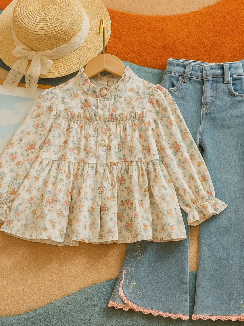 SSP14-Setelan Set Anak Perempuan Blouse Bunga + Celana Panjang Jeans #fyp #viral #foryou #bajuanak #setelansetanak #xzyabc #