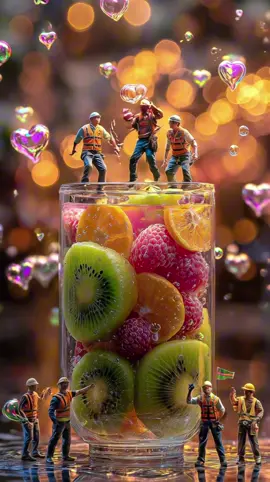 ミニチュア職人🍓🛠️ 今日の現場は「フルーツソーダ工房」！ みんなで乾杯して、ひと休み。 今日もいい仕事、いい泡、いい笑顔🫧 夏のごほうび、ひと口どうぞ🍹 #ミニチュアAI #AIアート #ミニチュア職人 #ミニチュアワールド #ミニチュア工房 #小さな世界  #フルーツ🍎 #フルーツソーダ🥤#