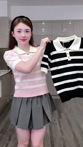 Áo Len Dệt Kim Hè 2 Màu Phối Cúc Vàng Đồng Bông Hoa, Kết Hợp Kẻ Ngang Phù Hợp Đi Làm, Đi Chơi#aolendetkim #aonuxinh #aophongnu #macdepmoingay #xuhuong 