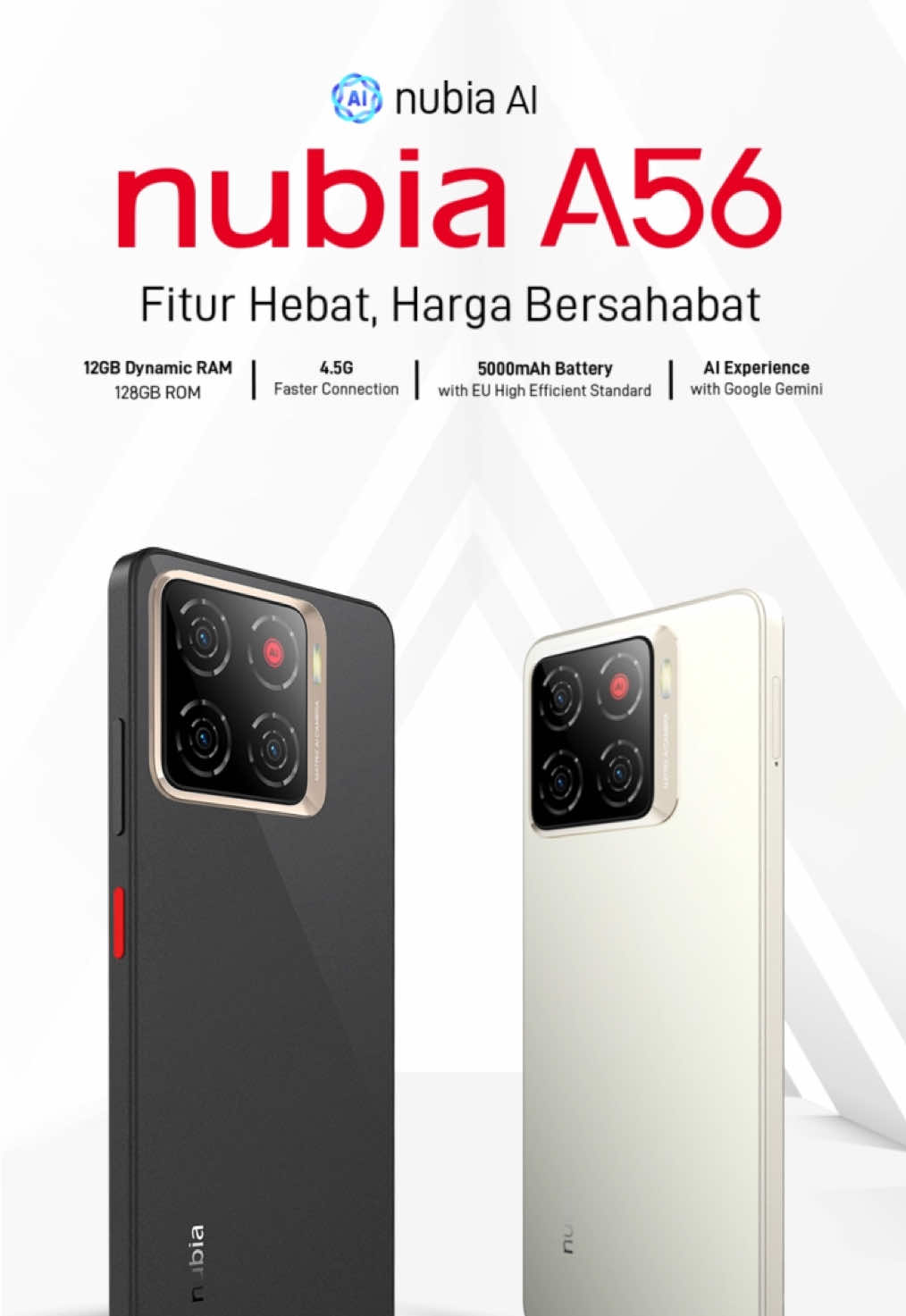 Saatnya kenalan sama partner baru kamu: nubia A56👋🏻👋🏻 Siap nemenin kamu dari pagi sampai malam dengan baterai 5000mAh, SGS 50 Month Smooth Performance, multitasking tanpa drama berkat RAM dinamis, dan pastinya makin pintar karena udah dibekalin AI dari Google Gemini. Semua fitur yang kamu butuhin, hadir di genggaman kamu‼️ #nubiaA56 #FiturHebatHargaBersahabat #Beyourself