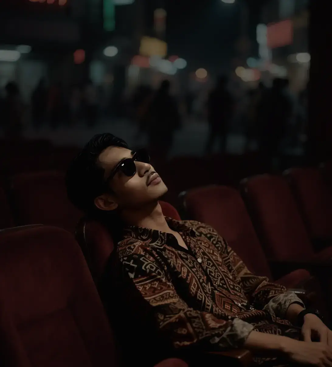 A young man sitting alone in a vintage theater with empty velvet red seats, wearing a patterned ethnic batik shirt and dark sunglasses, leaning back with a relaxed posture, dramatic low lighting focused on his face, cinematic mood, editorial fashion style, moody atmosphere, shadows enhancing the contours of the face and fabric. #geminiai #ai #foryoupage #fyp #prompt 
