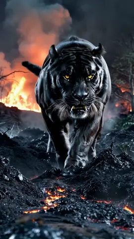 Epic Live wallpaper 8K: Black tiger roars fiercely and walks in a burning forest, after a volcanic eruption. #tiger #black #8k #volcano #roar #fire #wallpaper #livewallpaper 
