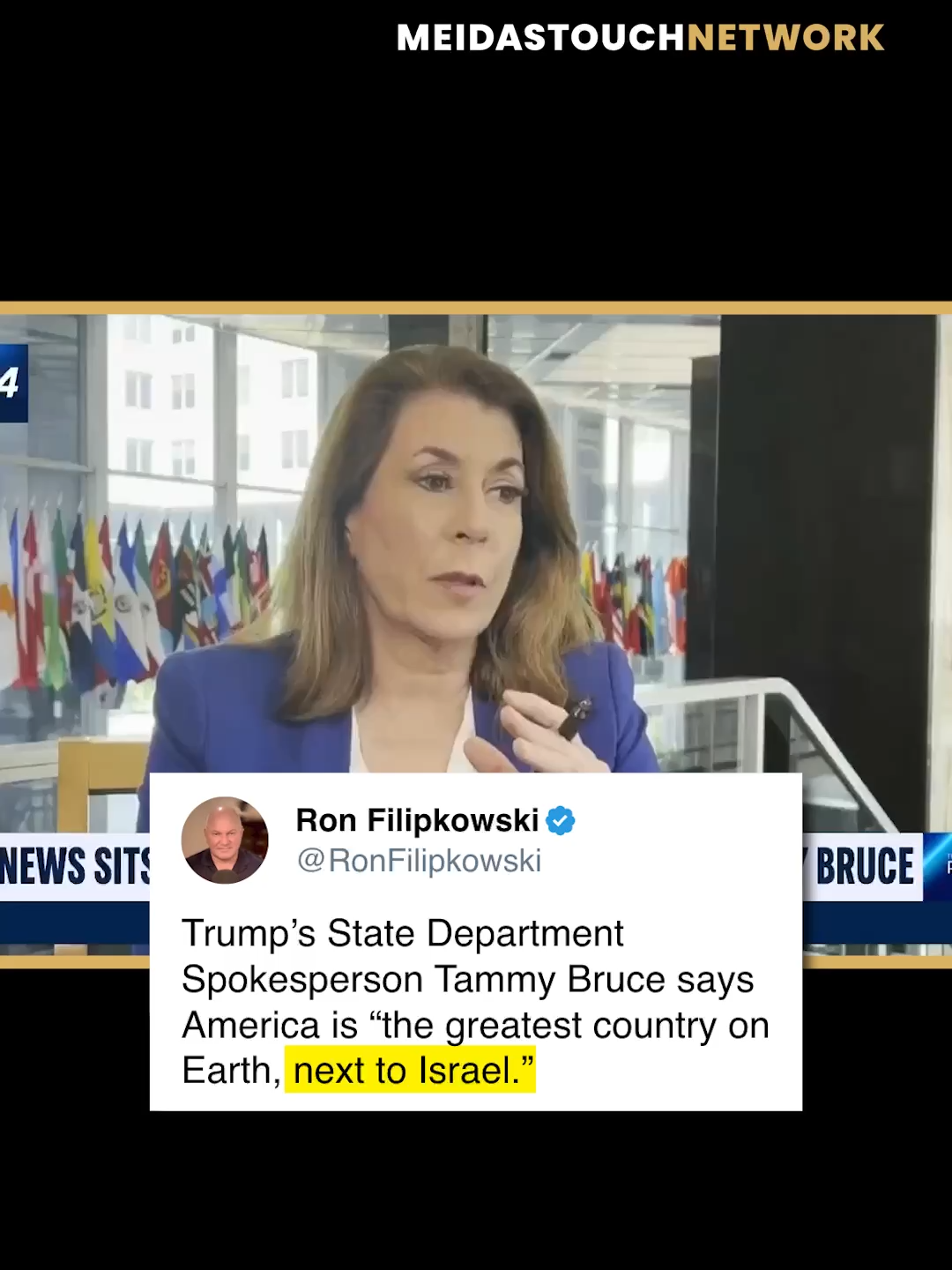 Trump’s State Department Spokesperson Tammy Bruce says America is “the greatest country on Earth, next to Israel.” 6/22/25.