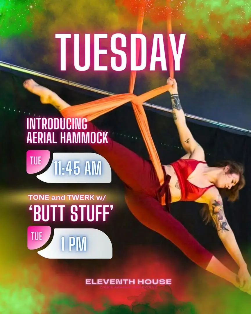 ✨ Get ready for Nak this Tuesday! ✨ Intro to Aerial Hammock & Butt Stuff is coming up, and you do *not* want to miss this one. Whether you're just starting or deep in your movement journey, this class is your chance to reconnect 🔌, recharge 🔋, and rise ⬆️ with us at Eleventh House. 📲 Book now to claim your spot! Only $11 for your first class! 💃 Let’s move, let’s feel, let’s thrive together! #EleventhHouse #LasVegasEvents #PoleDanceVegas #DanceStudioLife #MomsWhoMove #LasVegasFitMoms #MothersDaySpecials #FitnessVegas #PoleJourney #LVWellness