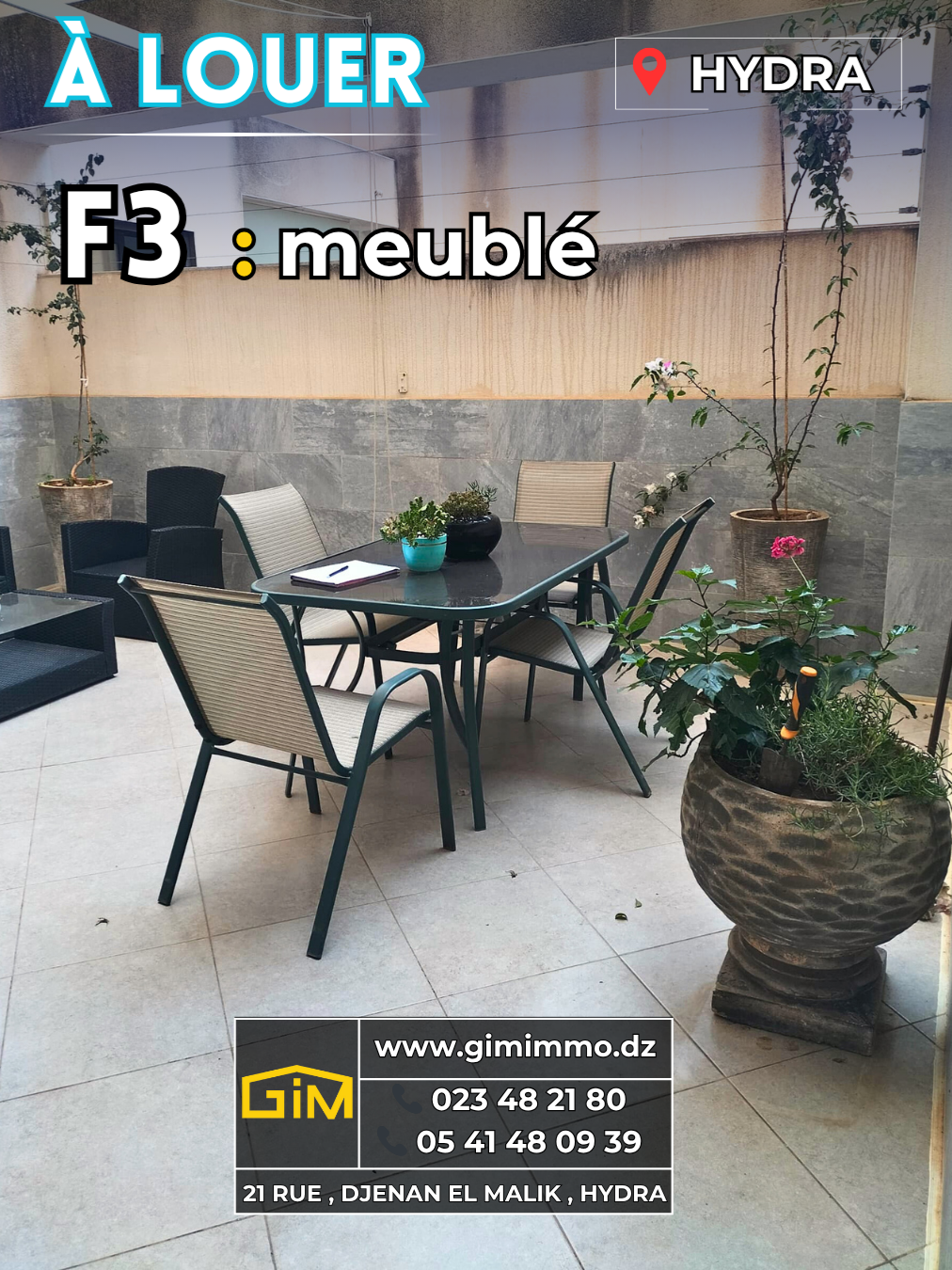 🔵 À LOUER – F3 MEUBLÉ + TERRASSE À HYDRA Découvrez un appartement de 75m² au sous-sol exceptionnellement lumineux et aéré, avec terrasse privée de 25m² dans une résidence haut de gamme à Hydra. Entièrement meublé. ✨ CARACTÉRISTIQUES : 🔹 Intérieur raffiné : . 2 chambres spacieuses avec dressing intégré . Cuisine équipée . Salon lumineux . Salle de bain moderne . Climatisation . Chauffage central 🔹 Terrasse enchantée : . 25m² plein sud, idéale pour petits-déjeuners ou apéros . Aménagement cosy (table + chaises design) 🔹 Résidence sécurisée & qualitative : . Conciergerie 24/7 • Gardiennage . Parking privé • Ascenseur . Loyer : 200 000 DZD (charges comprises) . Disponibilité : Immédiate 📲 CONTACT WhatsApp : 0541480939 Téléphone : 023 48 21 80 Email : contact@gimimmo.dz Adresse : 21, Rue Djenan el Malik, Hydra, Alger ➡️ Visites prioritaires sur RDV ! Photos et vidéo disponibles. #TerrasseHydra #F3Luxe #LocationHydra #AppartementAlger #ResidenceStanding #AlgerImmobilier#ImmobilierAlger