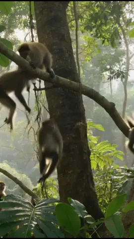 A lively group of monkeys leaps joyfully through the treetops in the heart of the Amazon jungle. With incredible agility, they swing from vines and leap between branches as the camera follows their graceful motion. Wind rustles the canopy, sunlight flickers through the leaves, and their playful chirps echo across the forest. This scene captures the wild, free spirit of life high above the jungle floor. #AmazonMonkeys #JungleLife #PlayfulWildlife #RainforestAnimals #MonkeySwing #CinematicNature #AmazonWildlife #WildlifeVideo #TreetopAdventure #DeepAmazon