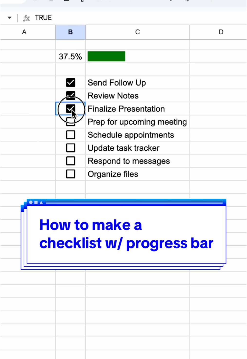 How to make a checklist with a progress bar in Google Sheets #googlesheets #checklist #googlesheetstips #googlesheetstutorial #googleworkspace #spreadsheet #spreadsheettutorial 
