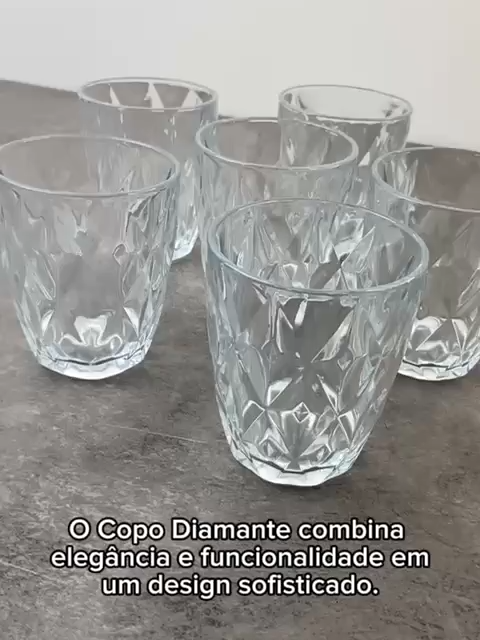 Jogo 6 Copos Baixos Diamond 300ml Vidro Grosso Diamante Luxo Comente 