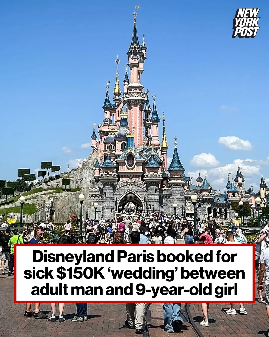 Disneyland Paris workers were horrified to find a large wedding they were hosting was between a man and a 9-year-old girl — with the groom and child-bride’s mom arrested in what is now thought to have been a sick $150,000 social media stunt. The French amusement park had been hired early Saturday for the ceremony in front of the Sleeping Beauty castle, with no forewarning that the bride was just a child, Le Parisien reported. Some 300 guests and a string quartet arrived at around 5 a.m., before the park was open for regular tourists — with horrified employees only then seeing how young the bride was, BFMTV reported. The “scared and confused” little girl was wearing a wedding dress and five-inch heels “taped to her feet,” Le Parisien reported. Staff called police, who arrested four of those involved — including the would-be groom, a 22-year-old British national, BFMTV said. They also arrested the 41-year-old mother of the 9-year-old girl, both of who had arrived in Paris from Ukraine two days before the sick ceremony, according to the report. Police also arrested two Latvian nationals, a 24-year-old woman recruited to play the role of the bride’s sister, and a 55-year-old recruited to act as her father, BFMTV reported. French prosecutors are looking at whether the wedding was a sick stunt for social media — one that cost at least $150,000. An ad was published online days earlier asking for extras, including 200 adults and 100 children aged between 5 and 15 to take part in a high-end wedding rehearsal, according to BFMTV. The oblivious extras met in Paris at around 4 a.m. on Saturday morning where a bus was waiting to take them to Disneyland. But at 6 a.m., park staff asked them to leave. “We all thought we were going to attend a wedding… Everyone was stunned, no one expected it,” one of the hired extras told Le Parisien. “Disneyland did things very well. They canceled everything as soon as they realized the bride was a child. We were shocked to see that,” they continued. Around $150,000 was spent on hiring out the amusement park and paying for extras, while the groom’s appearance had been altered, according to BFMTV. 📸: BFM TV; ZUMAPRESS.com