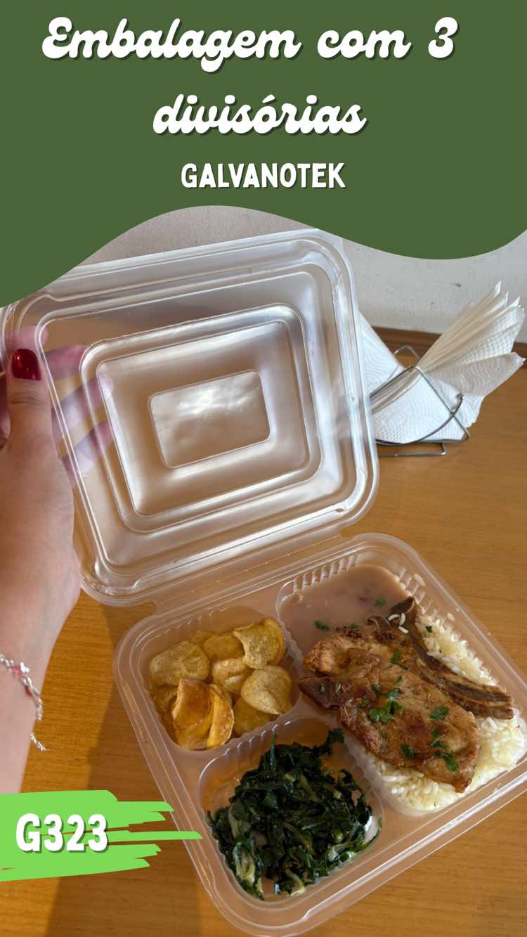 Marmita com 3 divisórias G323 da @galvanotekembalagens  Transparente com tampa acoplada, o que permite melhor visualização do produto.  Vai ao freezer e também ao microondas. Disponível na nossa loja aqui no TikTok Shop, clique no link abaixo para acessar esse produto! #marmitasdasemana #marmitaexecutiva #embalagem #galvanotekembalagens #ideiadeembalagem