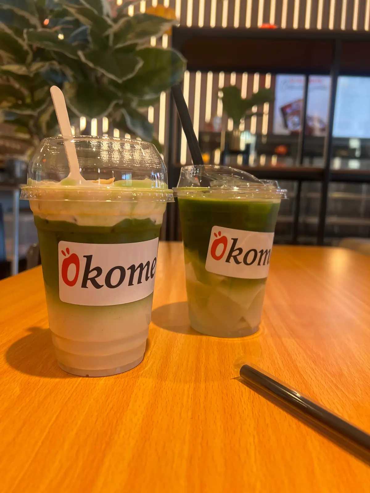 Tried the new matcha at @OKOME すし Fresno ! I got the banana cream matcha and my friend got the coconut matcha tea!😋 #fyp #matcha #fresno #okome