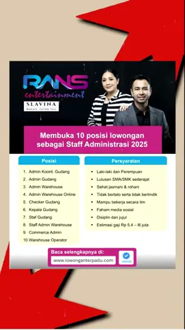Lowongan Kerja RANS Lulusan SMA/SMK 2025 RANS sedang buka lowongan kerja sebagai Admin Daftar segera melalui link: www.lowonganterpadu.com #RANSEntertainment #LowonganRANS #LulusanSMA #LulusanSMK #Lokeradmin #CariKerja #InfoLoker #lokerjakarta 