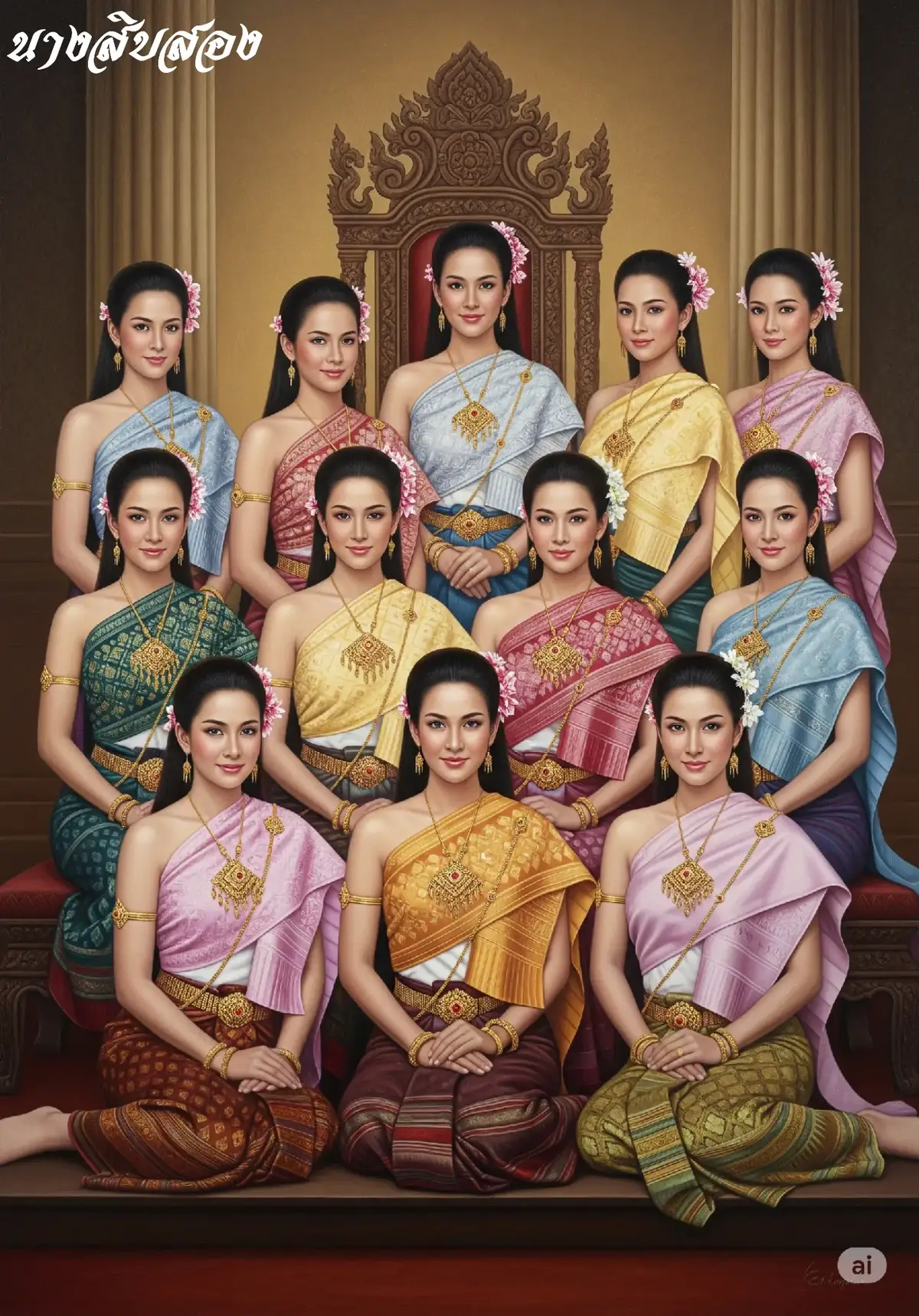 มเหสีทั้งสิบสองของท้าวรถสิทธิ์ (ชื่อต่างกันแล้วแต่ว่าจะอ้างอิงมาจากที่ใด) 1.บัว-บัวทอง-เมศรา 2.ผัน-บัวแก้ว-ไพรสพ 3.อี่-จงกล-มณี 4.ปอง-อุบล-มรกต 5.คล้อง-บัวผัน-เกษอร 6.คล้าย-บัวเผื่อน-ผกา 7.ใย-โกมุท-มาลี 8.ไพ-ศรีบงกช-บุศรา 9.แสด-บัวขม-มาลัย 10.ปี่-บัวหลวง-เบญจวรรณ 11.ปลอด-ประทุมทอง-เสาวรัตน์ 12.เภา-ลำเภา #นางสิบสอง #รถสิทธิ์ #พระรถเมรี 