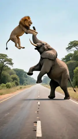 The elephant frantically threw the lion to save the baby elephant.
