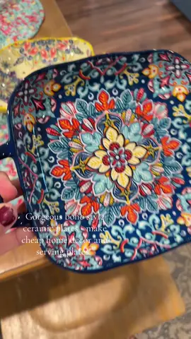 Hosting just got 100x cuter! These boho style glass serving plates are too pretty to hide in a cabinet. #cheaphomedecor #decorideas #bohokitchen #bohostyle #aestheticserveware 