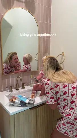 Matching pjs and getting ready together 🥹🥹 being a girl mom is so so sweet!!! #girlmom #girlmomlife #toddlerlife #16monthsold #momandtoddler #toddlergirl 