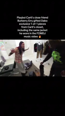 Playboi Carti’s close friend Burberry Erry gifted Dabo exclusive 1-of-1 pieces from Carti’s closet, including the same jacket he wore in the FOMDJ music video 🔥 #playboycarti #dabo #twitch #twitchstreamer #fyp #foryoupage #fypシ #trending #viral 