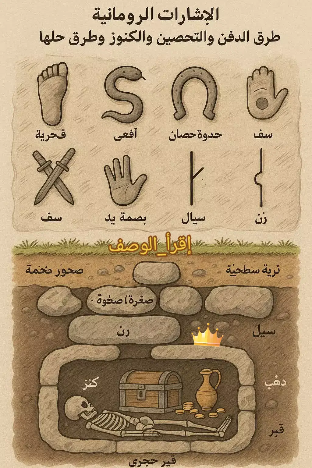 @أبو_الجرار🇩🇿 إشارة النسر من الإشارات النادرة والمهمة جدًا في عالم البحث عن الكنوز والدفائن، وهي ترتبط غالبًا بحضارات قوية مثل الرومان وأحيانًا البيزنطيين. ولأن النسر كان رمزًا للقوة والسيادة والجيش، فقد تم استخدامه كشعار للسلطة، وخاصة عند الرومان، إذ كان يرمز إلى الإمبراطورية الرومانية وجحافلها العسكرية. ---ابو الجرار كنوز و حضارات  أولًا: الحضارة التي استعملت إشارة النسر الرومان: هم أبرز من استخدموا هذه الإشارة. النسر كان شعار الفيلق الروماني (Aquila)، وكان يرافق الجيوش الرومانية في حروبها. البيزنطيون: امتداد للحضارة الرومانية الشرقية، وقد استخدموا النسر أحيانًا في رمزية دينية أو سلطوية، خصوصًا النسر ذو الرأسين. حضارات أخرى قليلة كبعض الممالك الأوروبية في عصور لاحقة، لكن بشكل رمزي فقط، لا تكنيزي. ---ابو الجرار كنوز و حضارات  ثانيًا: أشكال إشارة النسر وأنواعها نسر واقف على صخرة: يدل على حراسة دفين مهم، غالبًا ملكي. نسر محلّق أو رافع جناحيه: يدل على اتجاه الدفين أو المغارة. نسر ناظر باتجاه معين: يجب تتبع نظره لأنه غالبًا يشير إلى موقع الهدف. نسر محفور على صخرة أو نافر: كل من هذين النوعين مهم، والنافر أكثر قيمة وقدمًا. نسر مع رموز أخرى (رمح، سيف، تاج): قد يشير إلى قبر محارب أو قائد روماني. ---ابو الجرار كنوز و حضارات  ثالثًا: طرق تحليل إشارة النسر 1. اتجاه نظر النسر: من أهم عناصر التحليل، فهو عادة يشير إلى مكان الدفين. 2. المسافة: يمكن أن تتراوح بين 5 إلى 50 مترًا حسب ضخامة النسر ونوع التضاريس. 3. مرافقة إشارات أخرى: مثل جرن صغير أو إشارات صليب، قد تدل على مدخل مغارة أو غرفة. 4. الموقع الجغرافي: إذا كان على جبل أو هضبة: فالدفين قد يكون داخليًا أو في الجهة المنخفضة. إذا كان في منطقة صخرية: فالهدف مغلق ومموه بصخرة كبيرة. 5. قياس الجناحين أو طول النسر: يمكن أن يدل على المسافة أحيانًا، كأن يكون 20 سم = 20 مترًا. ---ابو الجرار كنوز و حضارات  رابعًا: طرق الحل والتنقيب تتبع اتجاه النظر بدقة باستخدام أدوات قياس زاوية النظر (بوصلة – ليزر). البحث عن صخرة مميزة أو جرن بجانب الإشارة. فحص الأرض بصريًا وتحسسًا (الفراغ – الأصوات الجوفاء). استخدام الأجهزة المناسبة مثل كاشف المعادن أو الرادار الأرضي. الحذر من التمويه: الرومان معروفون بتمويه دفائنهم بوضع إشارات مضللة أو دفن فارغ أولي. ---ابو الجرار كنوز و حضارات  خامسًا: التمويه والدفن النسر غالبًا يكون فوق موقع مهم، لكن الرومان قد يضعونه لصرف الباحث عن الهدف الحقيقي. قد تجد نسرًا فوق غرفة دفن وهمية، بينما الهدف الحقيقي يبعد عنه بمسافة معينة ويتبع إشارات ثانوية (صغيرة ومخفية). ---ابو الجرار كنوز و حضارات  خلاصة: العنصر القيمة الحضارة الرومانية بالدرجة الأولى نوع الهدف قبر ملكي أو غرفة دفين مهمة مكان الإشارة غالبًا على مرتفع أو صخرة كبيرة طريقة الحل تتبع اتجاه النظر + الفحص الميداني أدوات المساعدة بوصلة، قياسات دقيقة، كاشف معادن ---ابو الجرار كنوز و حضارات