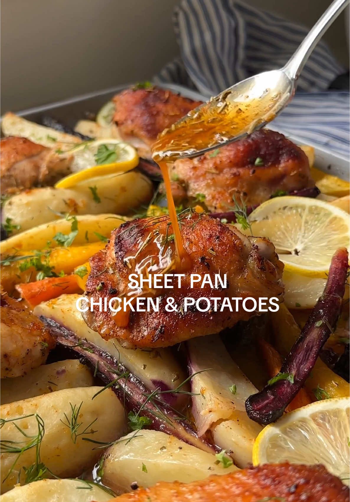 Sheet Pan Lemon Chicken & Potatoes🍗🍋🥔 - a recipe that requires minimal cleanup thanks to my silent partner the @Lomi | Home Composter food recycler, which effortlessly handles all of my kitchen scraps turning them into nutrient-rich plant food. ✨Recipe is below! ⬇️  #GetLomi #LomiPartner #SheetPan #EasyRecipes ➡️ Use code SAMMY50 for $50 off Lomi 3! ➡️ Meet Lomi 3: the effortless kitchen recycler with a spacious 3L bucket that transforms food scraps into nutrient-rich dirt in as little as 3 hours. No smell. No bugs. No hassle. Just cleaner counters and less trash. Ingredients * 8 chicken thighs bone in-skin on * 8-10 carrots peeled, cup into halves (lengthwise) * 6 yellow potatoes peeled, cut into quarters (lengthwise) Marinade: * 1/4 cup olive oil extra virgin * 1 lemon juiced * 1 tbsp lemon zest * 1 tbsp honey * 6 garlic cloves minced * 1/2 tsp salt * 1 tsp dried rosemary * 1/4 tsp dried thyme * 1/4 tsp dried oregano * 1/4 tsp dried parsley * 1/4 tsp smoked paprika * 1/4 tsp onion powder * 1/4 tsp garlic powder Garnish: * fresh dill * fresh parsley * lemon wedges Instructions * Preheat your oven to 400 °F.  * Prepare the baking sheet: lightly spray a 18 x 13 baking sheet (or one similar in size).  * Prepare the chicken: using paper towel, gently pat the chicken to dry.   Generously season both sides of the chicken with salt and pepper.   Set aside until ready to use.  * Prepare the marinade: add all of the marinade ingredients into a small bowl and mix well.  Set aside until ready to use.  * Chop: peel and chop your carrots and potatoes.   * Assemble: add the carrots, potatoes, and chicken thighs to the baking sheet.  Evenly pour over the marinade and use your hands to toss everything together ensuring it's evenly coated.  After coating, ensure the chicken thighs are meaty-side up.   Sammy's tip: finish with an additional dash of smoked paprika on top of each chicken thigh.  * Bake: uncovered for 30-45 minutes, or until the chicken is fully cooked.   Cooking times will vary depending on the size of chicken thighs, but once they reach an internal temperature of 165F, they're ready.  Broil for the last 1-2 minutes to crisp up the chicken skin.  * Garnish: with fresh parsley, fresh dill and a squeeze of lemon.  * Rest: allow the chicken to rest for 5 minutes before serving.