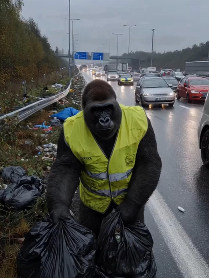 Why is a gorilla collecting garbage on the highway in Germany? #gorilla #germanhighway #Environment #dangerous #strange #artificialintelligence