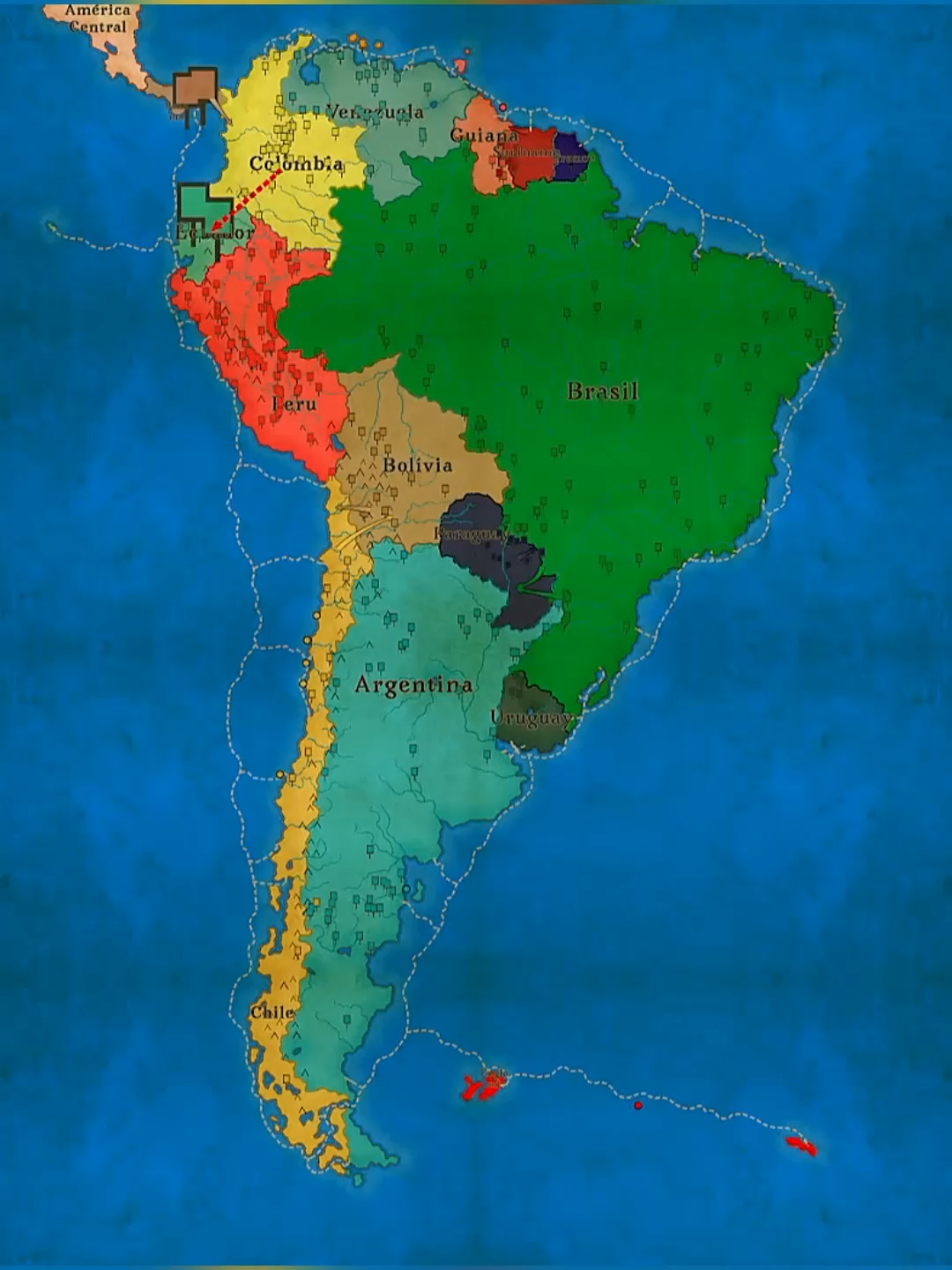 South America in War | Fantasy Map Simulator | #history #strategy #simulation #map #strategygames #southamerica #sudamerica #bolivia #perú🇵🇪 #ecuador #colombia #venezuela #guyana #brasil #brazil #argentina #uruguay #chile #fantasymapsimulator #mapshub