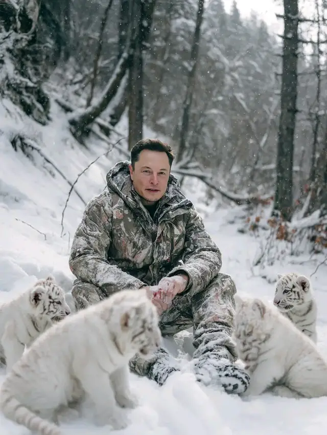 Elon Musk finds fresh energy in a snowy forest, surrounded by playful white tigers and pure stillness. A rare moment where nature meets calm, and the wild offers a different kind of recharge. ❄️🐅 #ElonMusk #FreshStart #NaturePower #QuietStrength