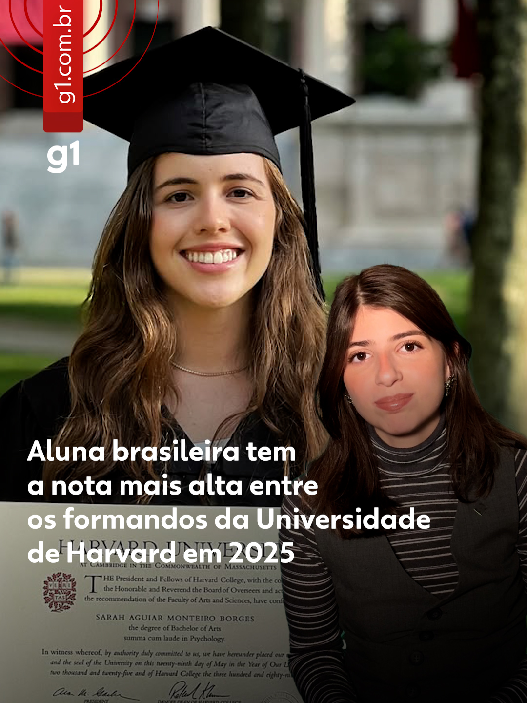 🎖️Premiada - A goiana Sarah Aguiar Monteiro Borges acaba de se formar em Psicologia como bolsista da Universidade de Harvard, nos Estados Unidos. E não bastou conquistar o diploma de uma das instituições de ensino mais prestigiadas do mundo: ela ainda foi a primeira brasileira a ganhar o Sophia Freund Prize, prêmio reservado a quem tira a nota final mais alta da turma e conclui o curso summa cum laude. ✏️O que isso significa? Nos Estados Unidos, especialmente em universidades como Harvard, o summa cum laude é o mais alto nível de honra acadêmica que um estudante pode receber ao terminar a graduação. É preciso atingir um padrão de excelência muito rigoroso, geralmente relacionado a um GPA (média de notas) elevadíssimo. 