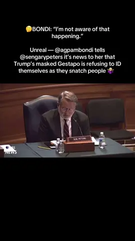 🤔BONDI: “I’m not aware of that happening.” Unreal — @agpambondi tells @sengarypeters it’s news to her that Trump’s masked Gestapo is refusing to ID themselves as they snatch people 🤷🏼‍♀️   Peters: “Someone is going to fight back.” (Fake ICE agents have already happened)