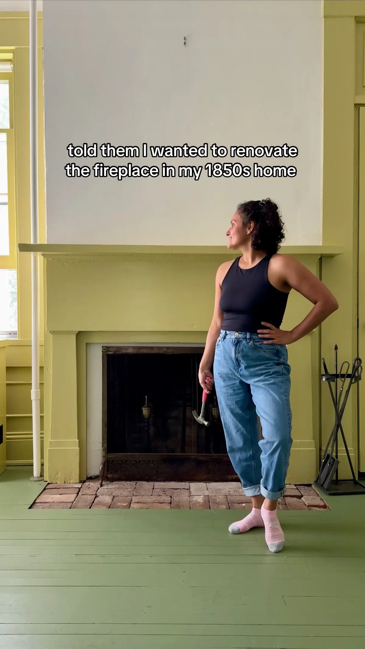 The internet really came for me over this fireplace 😂  “It’s historic!” “Don’t you dare touch that mantel!”  This house was built in 1850, but in the 1960s it got split into four apartments, and most of the original details were stripped. This mantel IS NOT from the 1800s. It was added in the early 2000s with some trim and wood from Home Depot. It’s not a historic artifact it’s a weekend project from 20 years ago 🙃 So yes, I renovated it. And yes, I’m obsessed 🔥✨