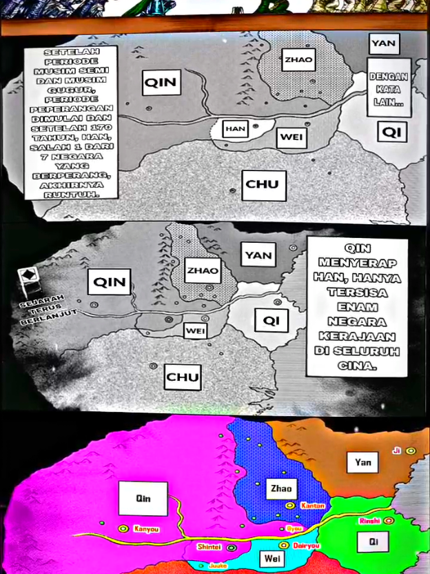 7 kerajaan berperang di Cina yaitu Qin, Chu, Zhao, Wei, Han, Yan, dan Qi  . kerajaan Han yang sudah berdiri selama 170 tahun akhirnya runtuh dan takluk oleh kerajaan Qin . Tou dan Ri Shin berhasil menaklukkan ibukota Shintei dari kerajaan Han  . #qin #han #zhao #wei #chu #yan #qi #ouki #tou #rokoumi #ryuukoku #rinbou #kanou #dokin #shibashou #ousen #riboku #houken #ouhon #mouten #hishin #unithishin #hishin #rishin #shin #kyoukai #karyoten #eisei #ouan #chou #nei #putrinei #rakuakan #hakuoukoku #yokoyoko #mangakingdom #kingdommanga #animekingdom #kingdomanime #kansaro #jiaga #gakushou #akou #souou #denrimi #shiryou #sanshu #shinkakugaku #makou #moubu #kanki #renpa #gohoumei #ranbihaku #shunsuiju #bananji #karin #kouyoku #hakurei #haidon 