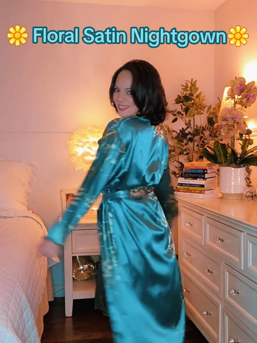 Why only dress nice out when you can feel glamorous at home too. 💁‍♀️🌼 #nightgown #tiktokshop #ad #satinnightgown #robe #matchingset #loungewear 