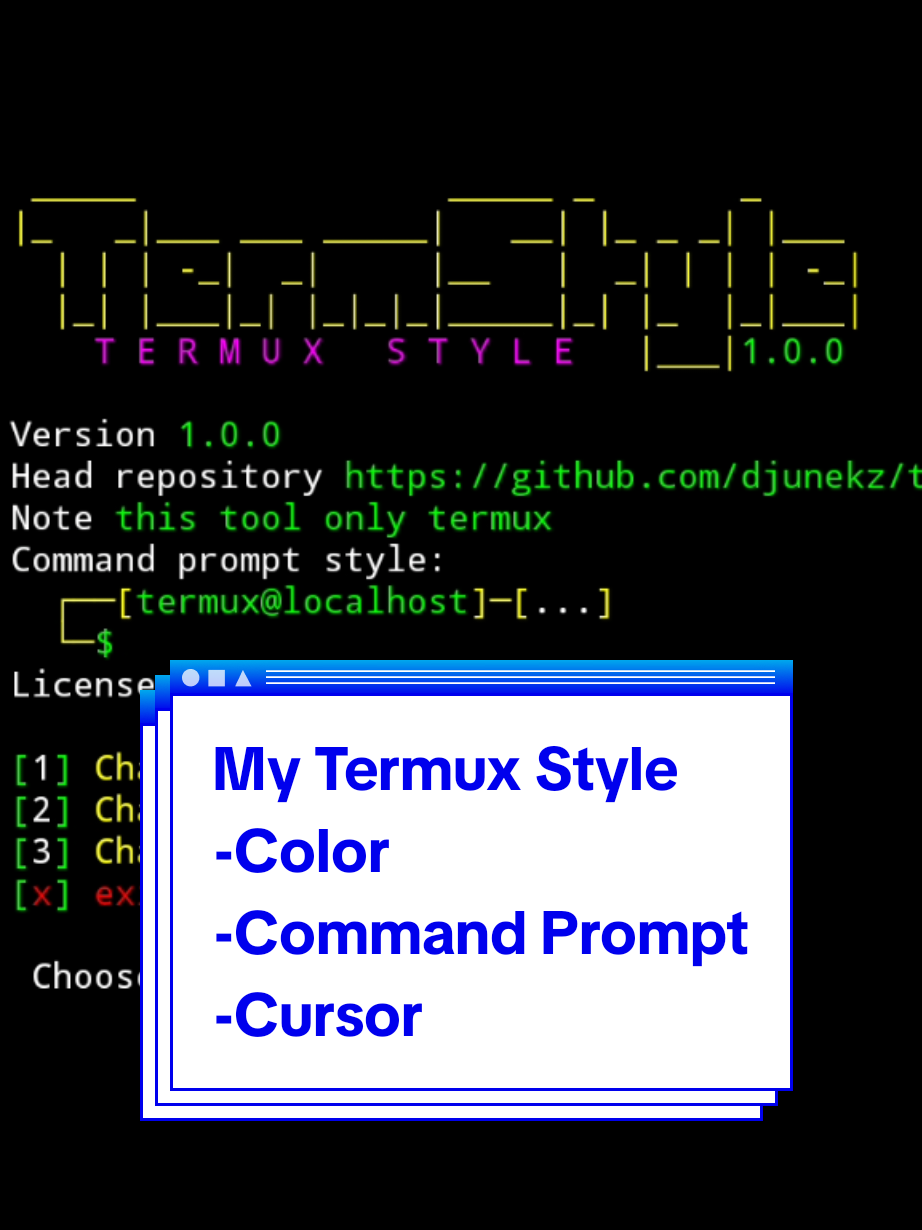installing termux style like mine. Tool name: TermStyle - Color - Command Prompt - or Cursor Only Termux #android #tutorial #termuxtutorial #sound #fyp #tiktok #termux #saweria #python #fypシ゚ 