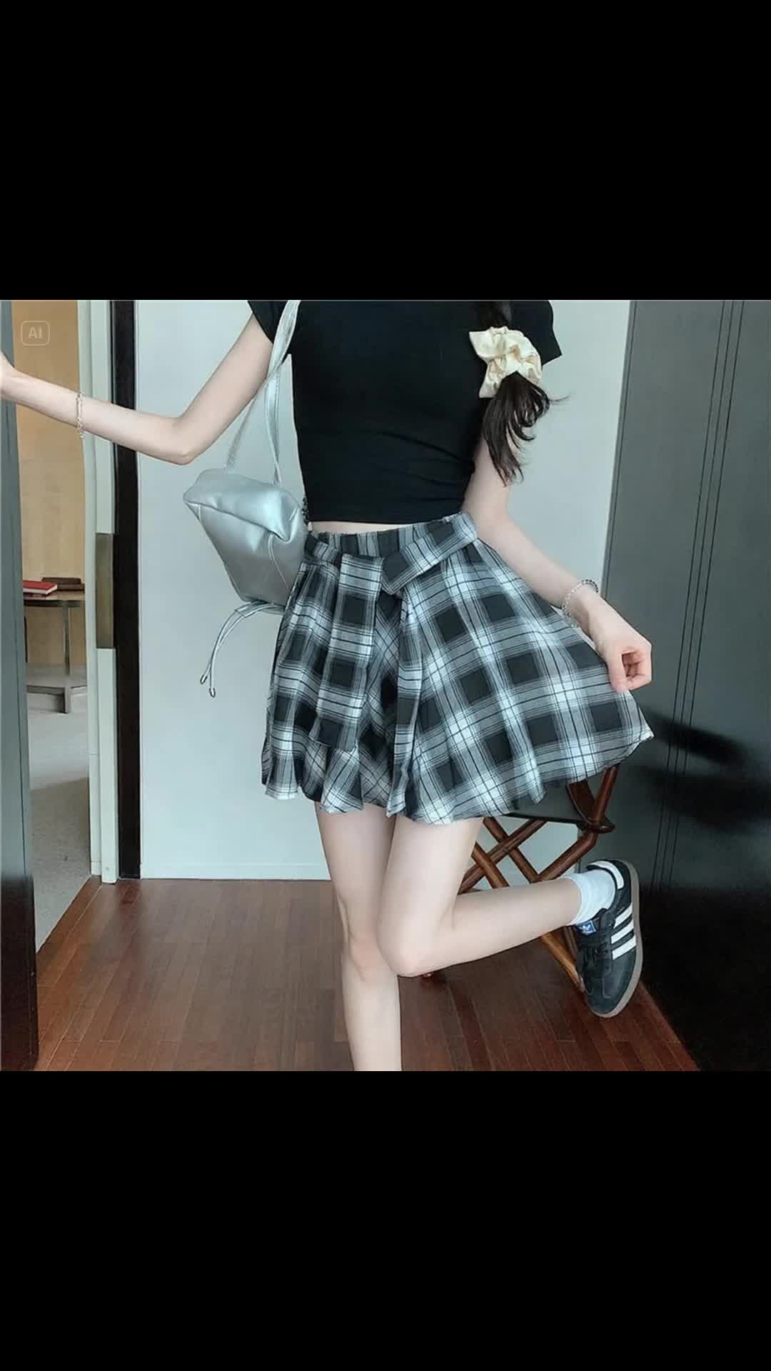 S-2XL Rok Pendek Pinggang Tinggi Ala Korea Rok Pendek Kemeja Kotak-kotak Rok Pendek Tidak Beraturan Rok Pendek Kasual Longgar 