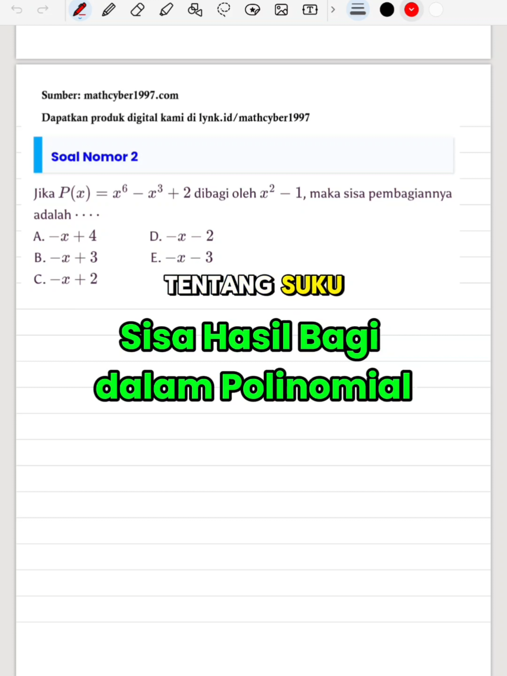 Yuk kita cari sisa hasil bagi dari pembagian polinomial oleh ekspresi aljabar tertentu 🔥✨ #matematika #gurumatematika #soalmatematika #belajarmatematika #fyp #mathcyber #edukasi #kontenedukasi #polinomial #sukubanyak #aljabar 