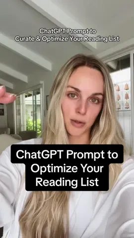 ChatGPT Prompt Structure: (use this format to get personalized book recs + clarity) 1. Here’s what I do (and want my reading to support):   2. Topics I want to deepen my learning in:   3. What kind of books I don’t enjoy:   4. What I love reading for fun or inspiration:   5. Books I already own but haven’t read:   6. Books I’m considering buying: Can you help me:   – Decide which books are worth keeping   – Suggest which to let go of   – Recommend what to prioritize (and why)   – Spot any gaps based on my goals #BookTok #chatgpt #readinglist #organizedhome #ai 