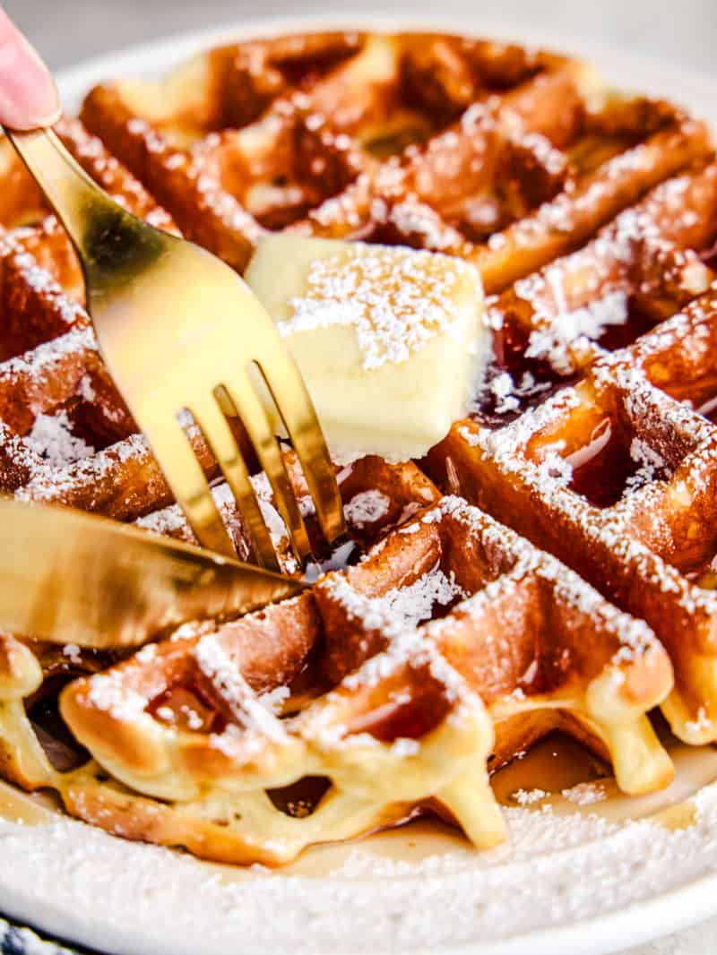 Greek yogurt is our secret to these high-protein and super moist waffles. You'll love this easy breakfast recipe. #waffles #breakfast #cooking #cookingtutorial #foodie #wafflerecipe